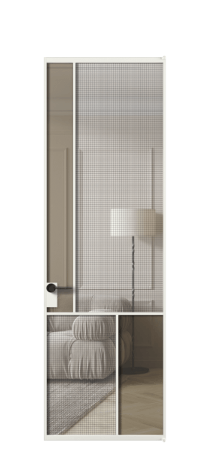 Межкомнатная дверь Mosaic АЛПЛ041.20 Алюминий светло-серый Декоративное стекло с сеткой "Mesh silver", триплекс, 6 мм + Прозрачное бронзовое стекло, триплекс Цена 166090 ₽ | Volhovec