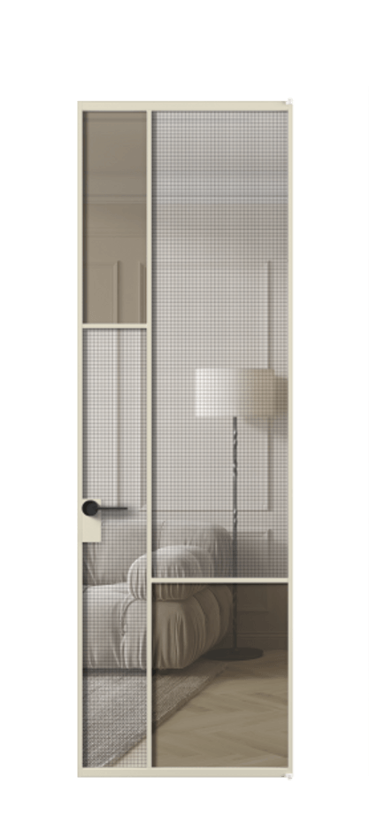 Межкомнатная дверь Mosaic АЛПЛ041.13 Алюминий бежево-серый Декоративное стекло с сеткой "Mesh silver", триплекс, 6 мм + Прозрачное бронзовое стекло, триплекс Цена 166090 ₽ | Volhovec