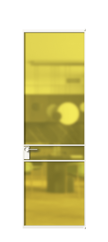 Алюминиевая дверь АЛПЛ040.02 Алюминий Белый Сатинированное жёлтое стекло, триплекс Цена 115420  | Volhovec