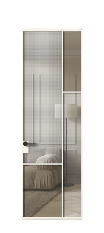 Межкомнатная дверь Mosaic АЛПЛ041.12 Алюминий пудровый белый Декоративное стекло с сеткой "Mesh silver", триплекс, 6 мм + Прозрачное бронзовое стекло, триплекс Цена 170970 ₽ | Volhovec