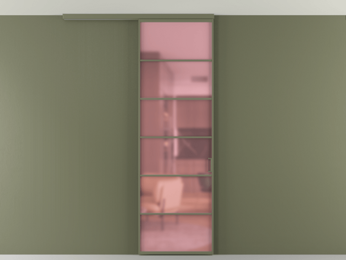 Перегородка Formato вдоль стены на потолок 1 створка АЛПР 040.04 Алюминий оливковый тёмный Сатинированное розовое стекло, триплекс Цена 103293 ₽ | Volhovec