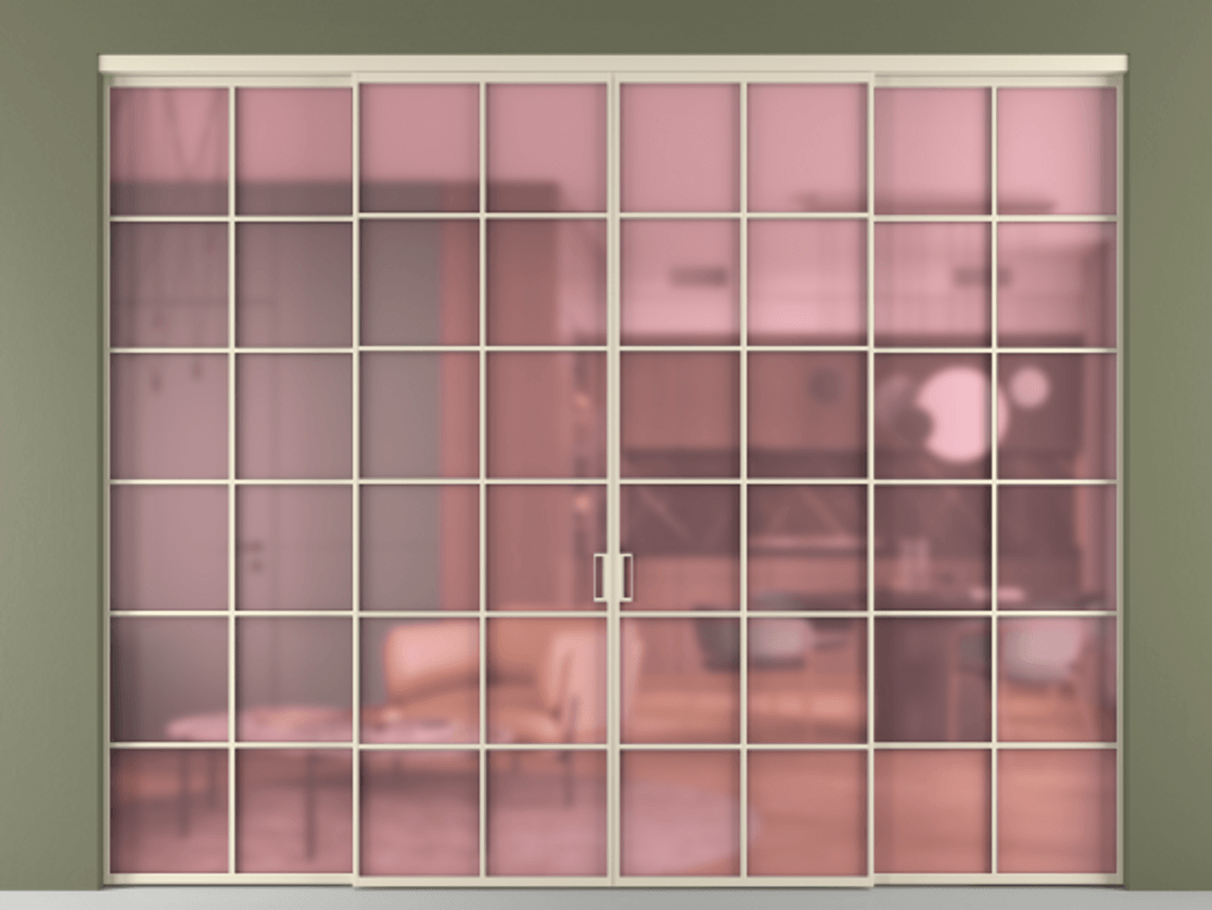 Перегородка Formato внутри проёма 4 створки АЛПР 040.05 Алюминий бежево-серый Сатинированное розовое стекло, триплекс Цена 362080 ₽  | Volhovec