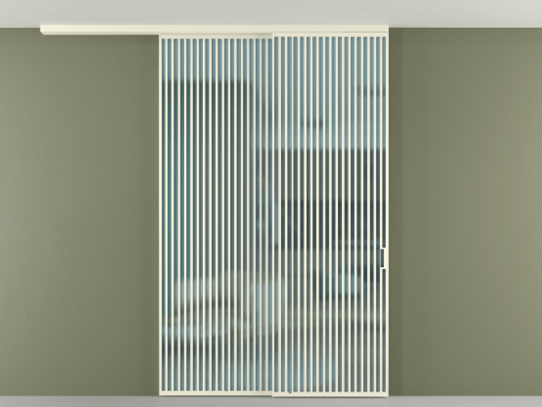 Перегородка Formato вдоль стены на потолок 2 створки с синхронным механизмом АЛПР 040.06 Алюминий молочно-белый Сатинированное голубое стекло, триплекс Цена 431415 ₽ | Volhovec