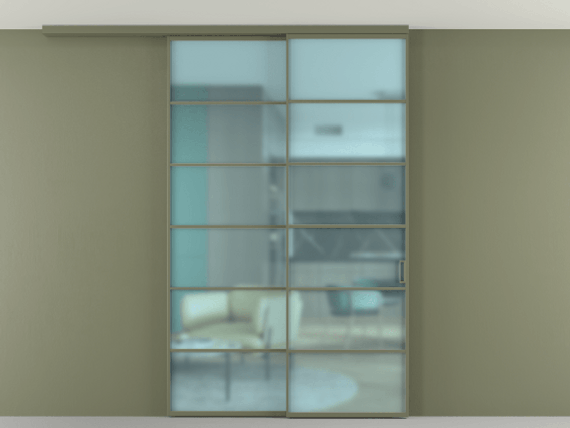 Перегородка Formato вдоль стены на потолок 2 створки с синхронным механизмом АЛПР 040.04 Алюминий оливковый тёмный Сатинированное голубое стекло, триплекс Цена 291704 ₽ | Volhovec