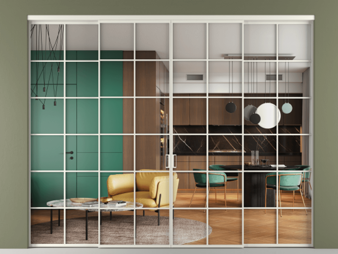 Перегородка Formato внутри проёма 4 створки АЛПР 040.05 Алюминий Белый Прозрачное стекло "Кристал Вижн", калёное Цена 442800 ₽  | Volhovec