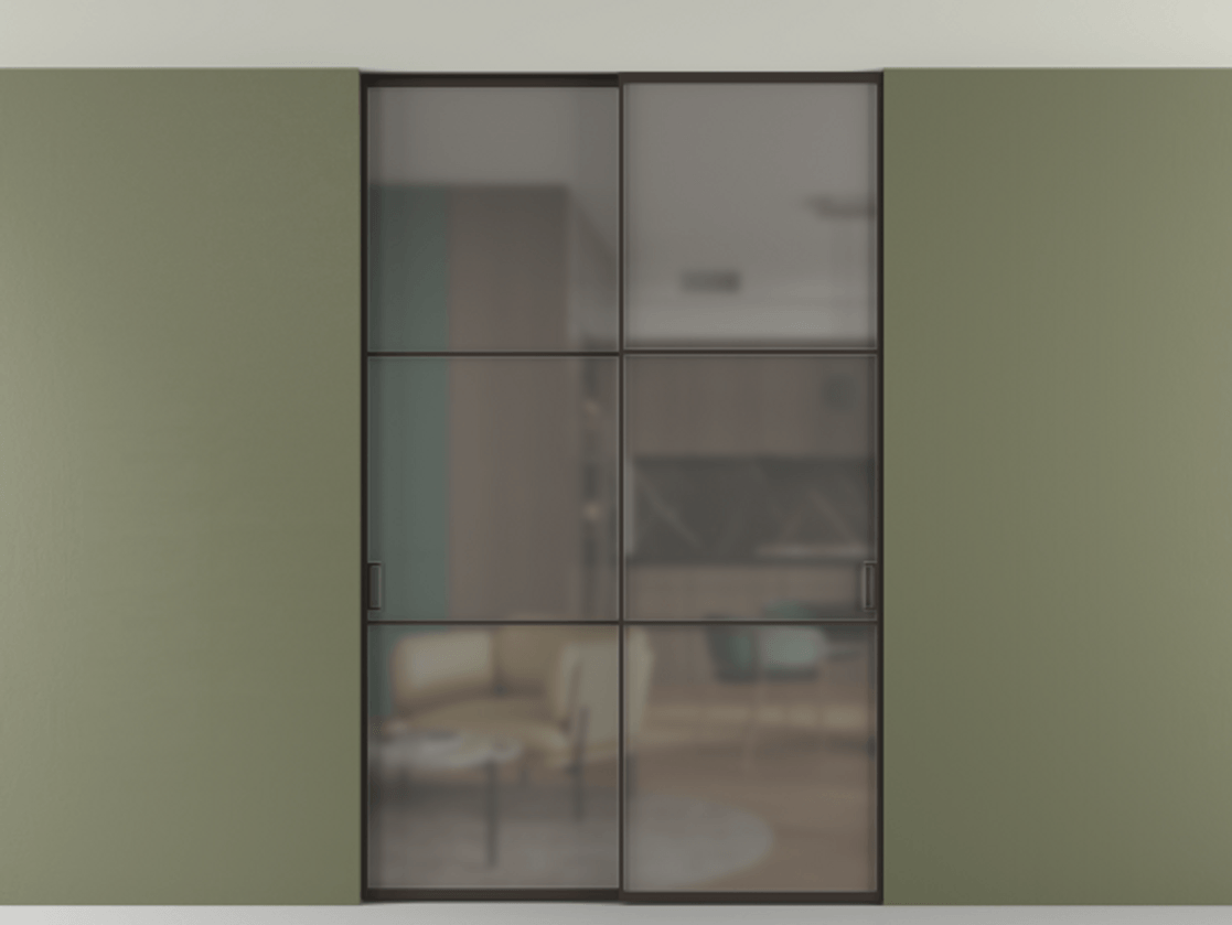 Перегородка Formato внутри проёма скрытое крепление в потолок 2 створки АЛПР 040.03 Алюминий антрацит Сатинированное серое стекло, триплекс Цена 248215 ₽ | Volhovec