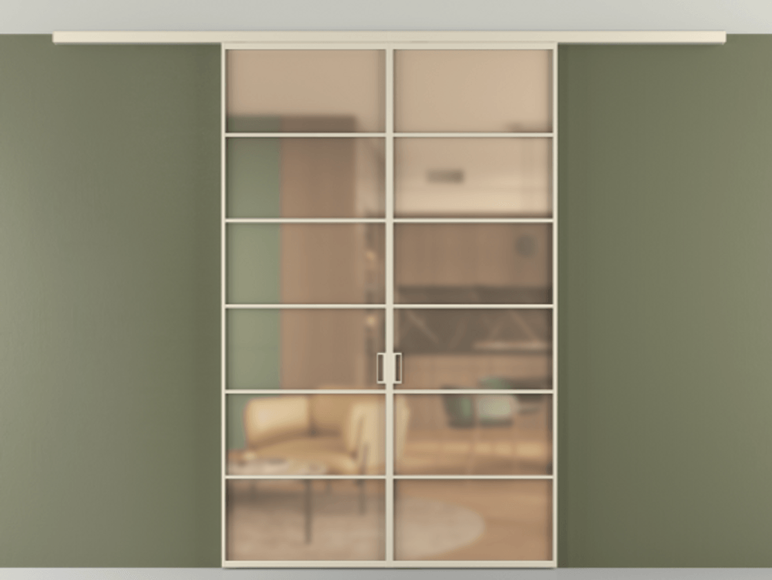 Межкомнатная дверь New Перегородка Formato вдоль стены на потолок двустворчатая АЛПР 040.04 Алюминий бежево-серый Сатинированное оранжевое стекло, триплекс Цена 245080  | Volhovec