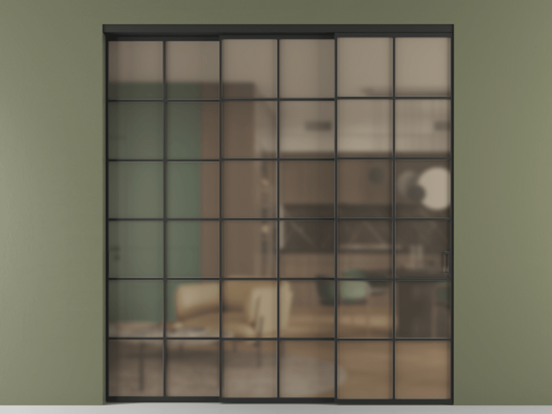 Перегородка Формато внутри проёма 3 створки с синхронным механизмом АЛПР 040.05 Алюминий Черный Сатинированное бронзовое стекло, триплекс Цена 393700 ₽  | Volhovec