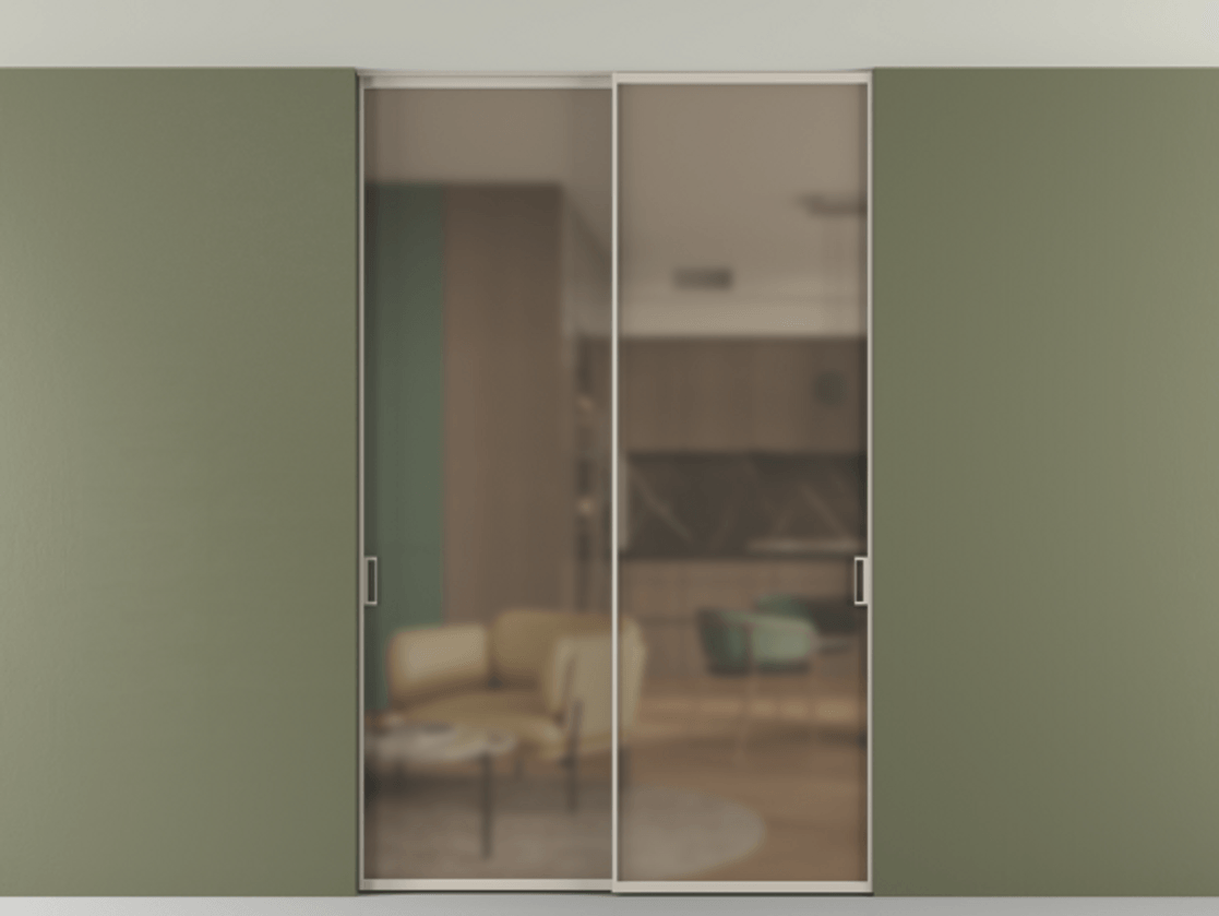 Перегородка Formato внутри проёма двустворчатая со скрытым креплением в потолок АЛПР 040.01 Алюминий светло-бежевый Сатинированное бронзовое стекло, триплекс Цена 277640 ₽ | Volhovec