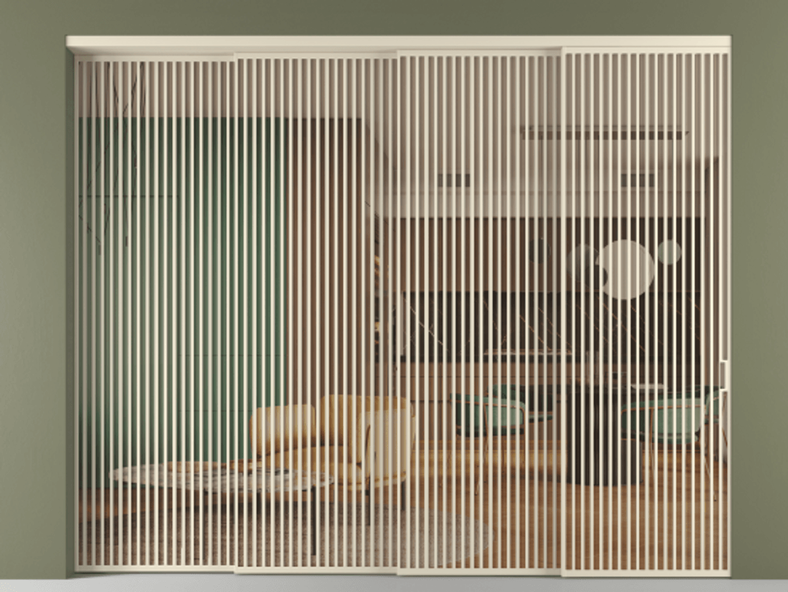 Перегородка Formato внутри проёма 4 створки с синхронным механизмом АЛПР 040.06 Алюминий бежево-серый Прозрачное оранжевое стекло, триплекс Цена 777320 ₽ | Volhovec