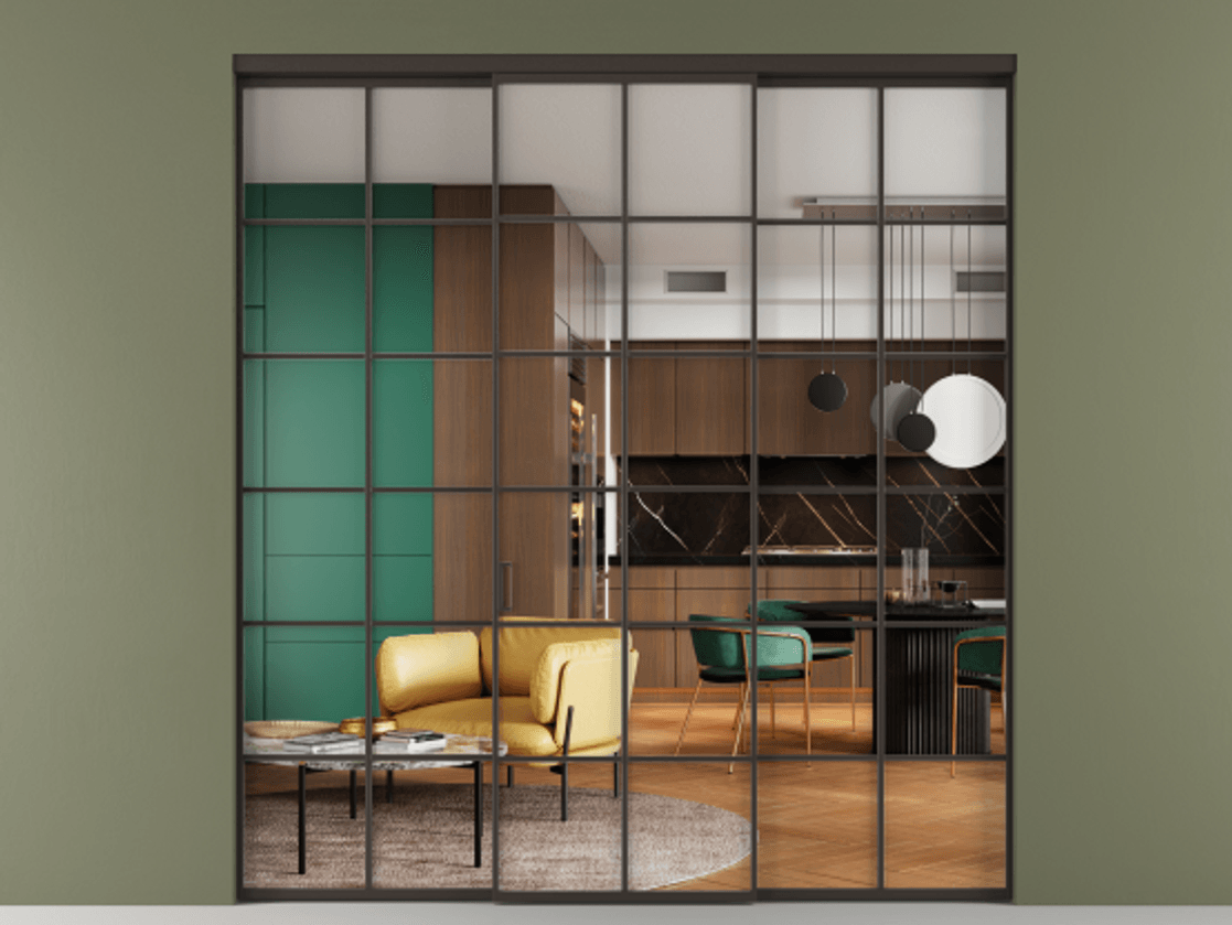 Перегородка Формато внутри проёма 3 створки АЛПР 040.05 Алюминий антрацит Прозрачное стекло "Кристал Вижн", калёное Цена 341000 ₽ | Volhovec