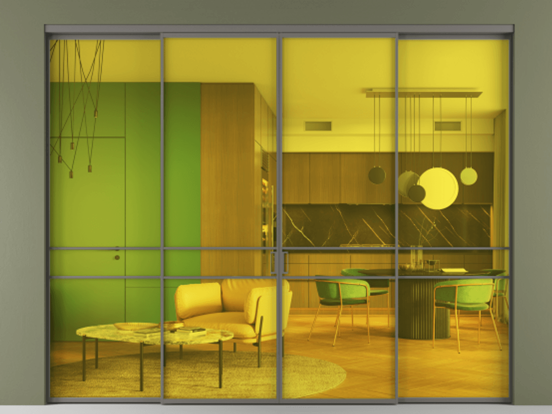 Перегородка Formato внутри проёма 4 створки АЛПР 040.02 Алюминий классический серый Прозрачное жёлтое стекло, триплекс Цена 322100 ₽  | Volhovec