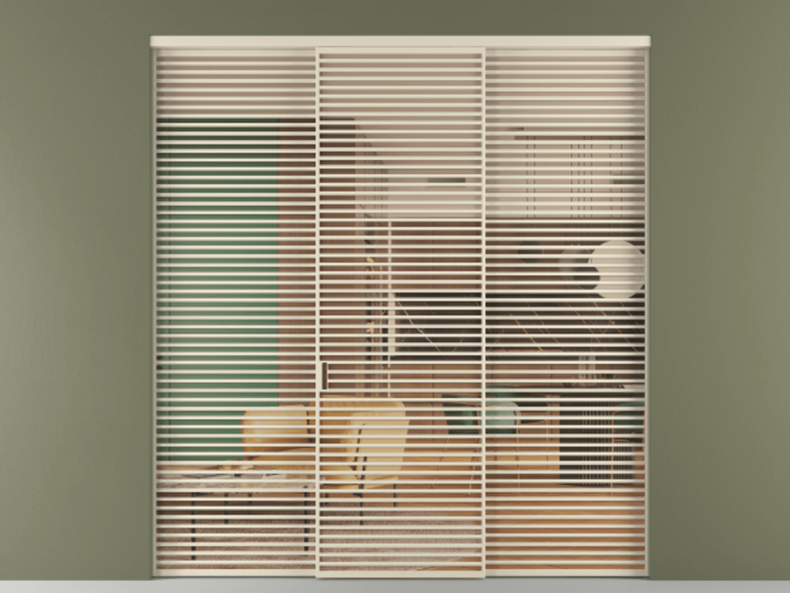 Межкомнатная дверь New Перегородка Formato внутри проёма трёхстворчатая АЛПР 040.07 Алюминий бежево-серый Прозрачное оранжевое стекло, триплекс Цена 587600  | Volhovec