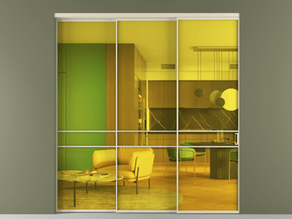 Алюминевая перегородка vn3_02_ Алюминий бежево-серый Прозрачное жёлтое стекло, триплекс, 6мм. Цвет Алюминий бежево-серый. Материал Алюминий в эмали. Коллекция Перегородка Formato внутри проёма телескопик синхро 2. Картинка.