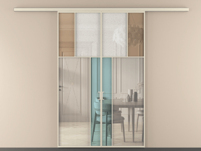 Алюминевая перегородка vd2_2 Алюминий бежево-серый Четыре стекла. Цвет Алюминий бежево-серый. Материал Алюминий в эмали. Коллекция Перегородка Mosaic вдоль стены двустворчатая. Картинка.