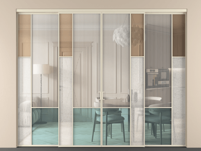 Алюминевая перегородка vnt4_6 Алюминий бежево-серый Четыре стекла. Цвет Алюминий бежево-серый. Материал Алюминий в эмали. Коллекция Перегородка Mosaic внутри проёма четырёхстворчатая. Картинка.