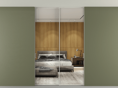 Алюминевая перегородка p2_01 Зеркало триплекс БЕЛ. Цвет Алюминий Белый. Материал Алюминий. Коллекция Перегородка Formato внутри проёма двустворчатая со скрытым креплением в потолок. Картинка.