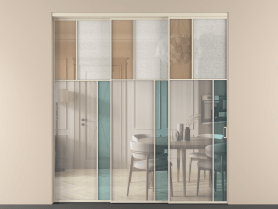 Алюминевая перегородка vnt3_2 Алюминий бежево-серый Четыре стекла. Цвет Алюминий бежево-серый. Материал Алюминий в эмали. Коллекция Перегородка Mosaic внутри проёма телескопик синхро 2. Картинка.