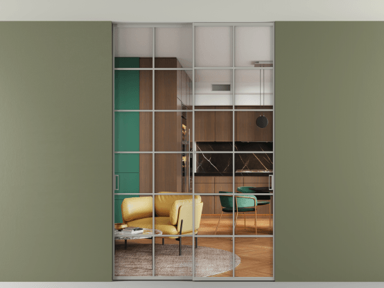 Алюминевая перегородка АЛПР 040.05_АНСР_Crystalvision_new. Цвет Алюминий нейтральный серый. Материал Алюминий в эмали. Коллекция Перегородка Formato внутри проёма скрытое крепление в потолок 2 створки. Картинка.