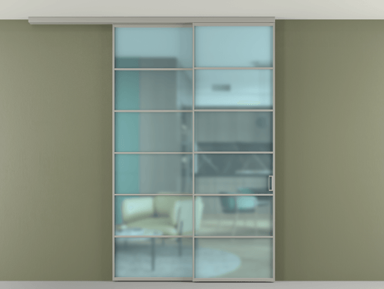 Алюминевая перегородка АЛПР 040.04_АНСР_САТ ГОЛ_new. Цвет Алюминий нейтральный серый. Материал Алюминий в эмали. Коллекция Перегородка Formato вдоль стены на потолок 2 створки с синхронным механизмом. Картинка.