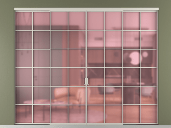 Алюминевая перегородка vn2+2_05_ Алюминий тёплый серый Сатинированное розовое стекло, триплекс, 6мм. Цвет Алюминий тёплый серый. Материал Алюминий в эмали. Коллекция Перегородка Formato внутри проёма 4 створки. Картинка.