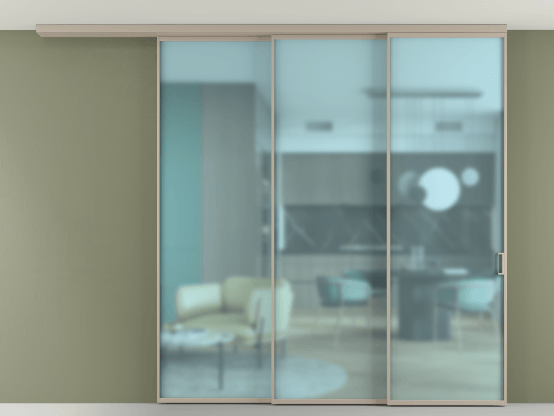 Алюминевая перегородка АЛПР 040.01_АБСК_САТ ГОЛ_new. Цвет Алюминий бисквитный. Материал Алюминий в эмали. Коллекция Перегородка Formato вдоль стены на потолок 3 створки с синхронным механизмом. Картинка.