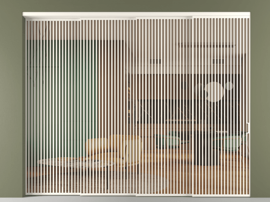 Алюминевая перегородка vn4_06_ Алюминий пудровый белый Прозрачное оранжевое стекло, триплекс, 6мм. Цвет Алюминий пудровый белый. Материал Алюминий в эмали. Коллекция Перегородка Formato внутри проёма 4 створки с синхронным механизмом. Картинка.