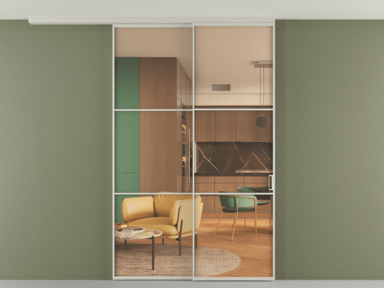 Алюминевая перегородка pv2_2_03_ Алюминий тёплый серый Прозрачное оранжевое стекло, триплекс, 6мм. Цвет Алюминий тёплый серый. Материал Алюминий в эмали. Коллекция Перегородка Formato вдоль стены на потолок 2 створки с синхронным механизмом. Картинка.