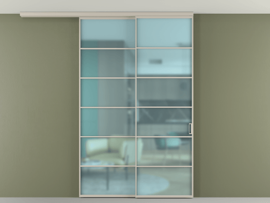 Алюминевая перегородка АЛПР 040.04_АСБЖ_САТ ГОЛ_new. Цвет Алюминий светло-бежевый. Материал Алюминий в эмали. Коллекция Перегородка Formato вдоль стены на потолок 2 створки с синхронным механизмом. Картинка.