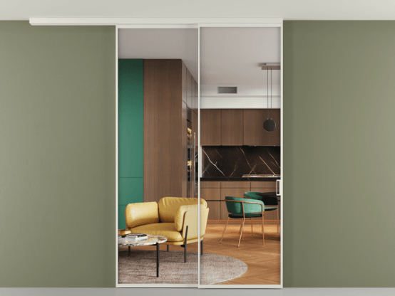 Алюминевая перегородка pv2_2_01 Crystal Vision прозрачное БЕЛ. Цвет Алюминий Белый. Материал Алюминий. Коллекция Перегородка Формато вдоль стены на потолок 2 створки с синхронным механизмом. Картинка.