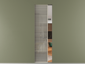 Алюминевая перегородка skr1_07_ Алюминий бежево-серый Stopsol Grey прозрачное. Цвет Алюминий бежево-серый. Материал Алюминий в эмали. Коллекция Перегородка Formato скрытый пенал 1 створка. Картинка.