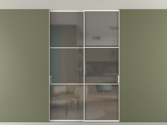 Алюминевая перегородка vn2_03 Алюминий светло-серый Серый сатин матовое. Цвет Алюминий светло-серый. Материал Алюминий в эмали. Коллекция Перегородка Formato внутри проёма скрытое крепление в потолок 2 створки. Картинка.