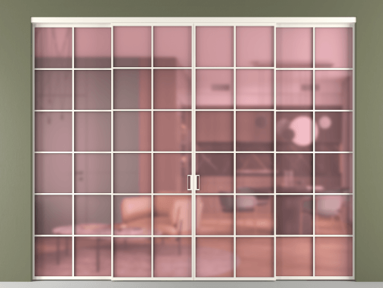 Алюминевая перегородка vn2+2_05_ Алюминий пудровый белый Сатинированное розовое стекло, триплекс, 6мм. Цвет Алюминий пудровый белый. Материал Алюминий в эмали. Коллекция Перегородка Formato внутри проёма 4 створки. Картинка.