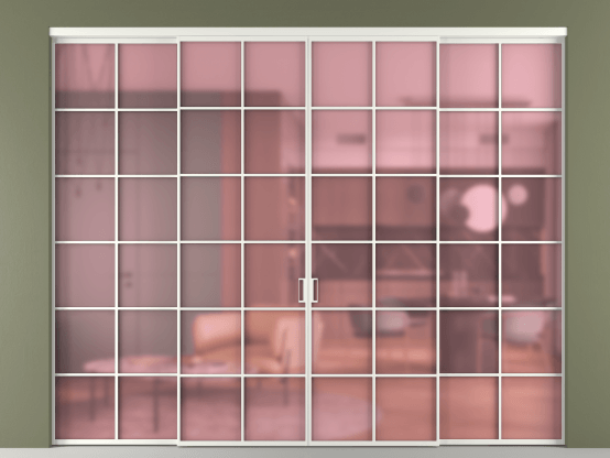 Алюминевая перегородка vn2+2_05_ Алюминий светло-серый Сатинированное розовое стекло, триплекс, 6мм. Цвет Алюминий светло-серый. Материал Алюминий в эмали. Коллекция Перегородка Formato внутри проёма 4 створки. Картинка.