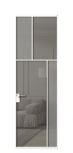 Дверь межкомнатная АЛПЛ041.23 БЕЛ Серый сатин матовое + Серый прозрачное. Цвет Алюминий Белый. Материал Алюминий. Коллекция Mosaic. Картинка.