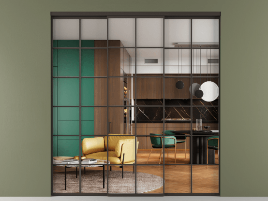 Алюминевая перегородка АЛПР 040.05_ААН_Crystalvision_new. Цвет Алюминий антрацит. Материал Алюминий в эмали. Коллекция Перегородка Формато внутри проёма 3 створки. Картинка.