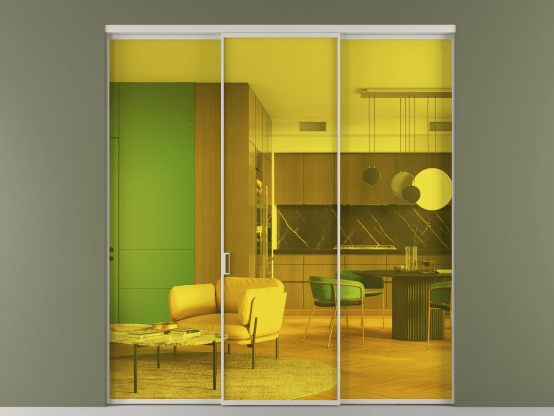 Алюминевая перегородка vn1+2_01_ Алюминий тёплый серый Прозрачное жёлтое стекло, триплекс, 6мм. Цвет Алюминий тёплый серый. Материал Алюминий в эмали. Коллекция Перегородка Formato внутри проёма 3 створки. Картинка.